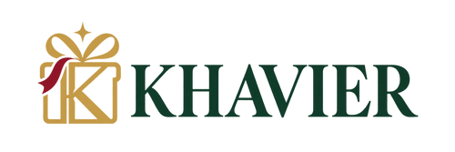 KHAVIER gold gift box and green wordmark Christmas brand logo